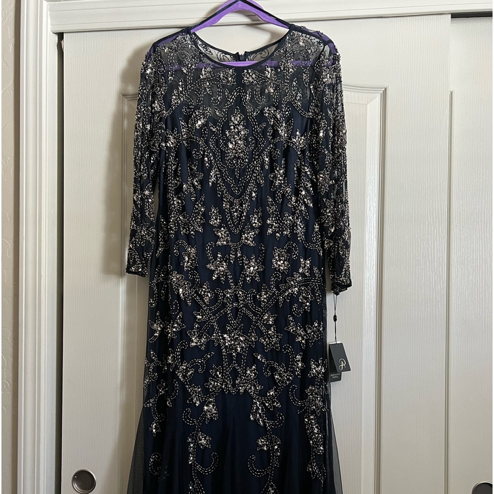 Adrianna Papell Navy Blue and Silver Beaded Wedding Dress